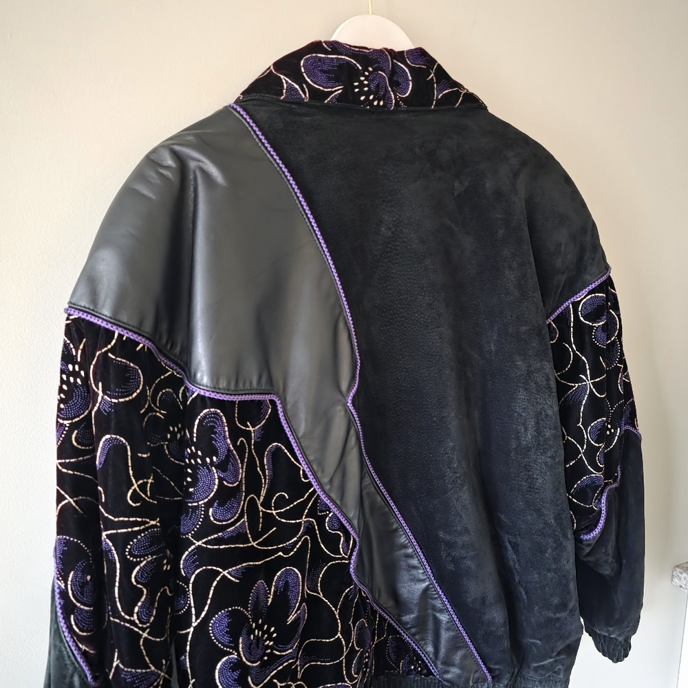 Alia L Vintage 80s 90s Eclectic Retro Leather Suede & Velvet Bomber Jacket - Picture 11 of 16